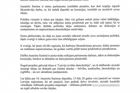 Parlaments aicina jauniešus piedalīties projektā "Jauniešu Saeima"